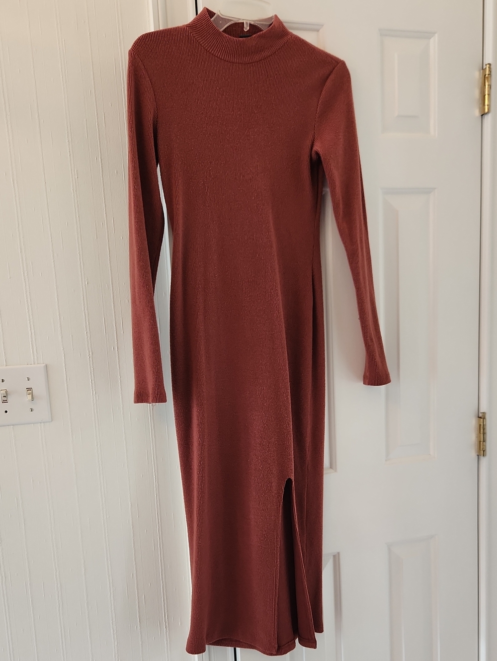 wild fable Rust Long-Sleeve Mock Neck Midi Dress with Front Slit